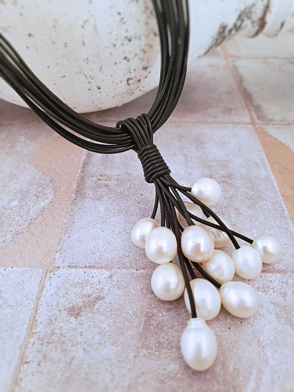 Leather and Pearl Cluster Necklace