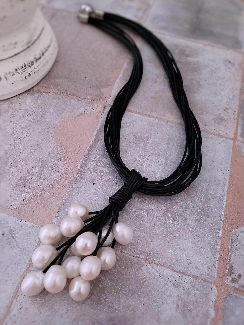 Leather and Pearl Cluster Necklace