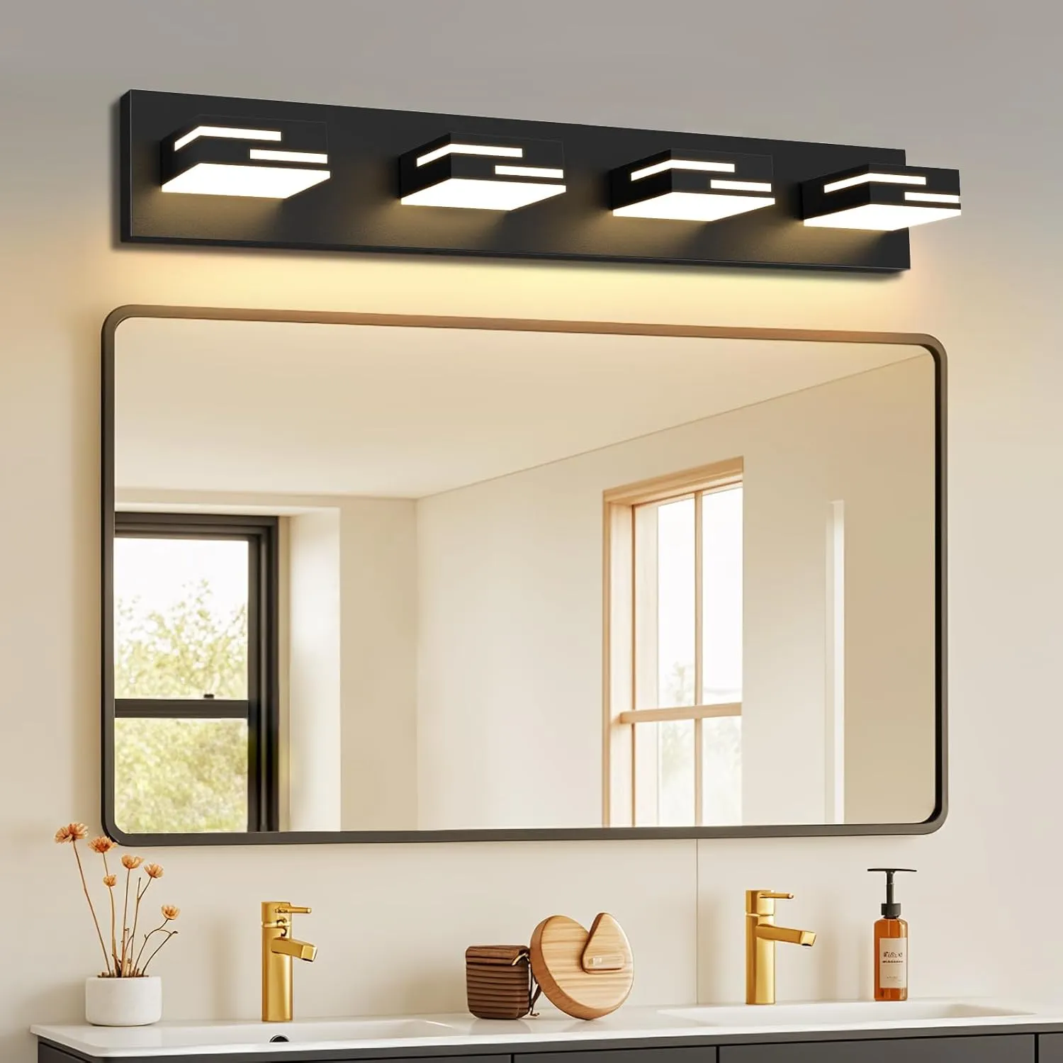 LED Modern Bathroom Vanity Light Fixtures 4-Light 5CCT Dimmable Matte Black Vanity Lights for Bathroom Lighting Fixtures Over Mirror, with 350° Rotatable Acrylic Heads, 28-inch