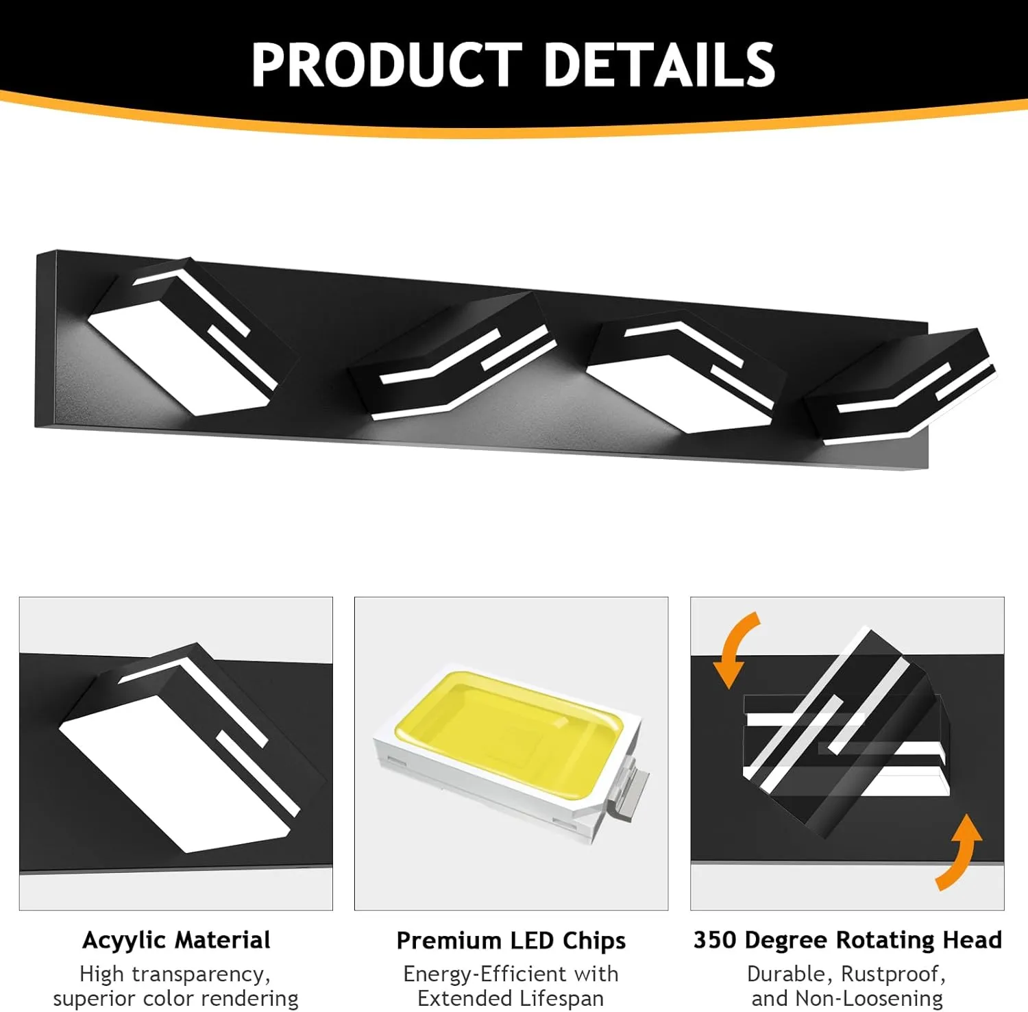 LED Modern Bathroom Vanity Light Fixtures 4-Light 5CCT Dimmable Matte Black Vanity Lights for Bathroom Lighting Fixtures Over Mirror, with 350° Rotatable Acrylic Heads, 28-inch
