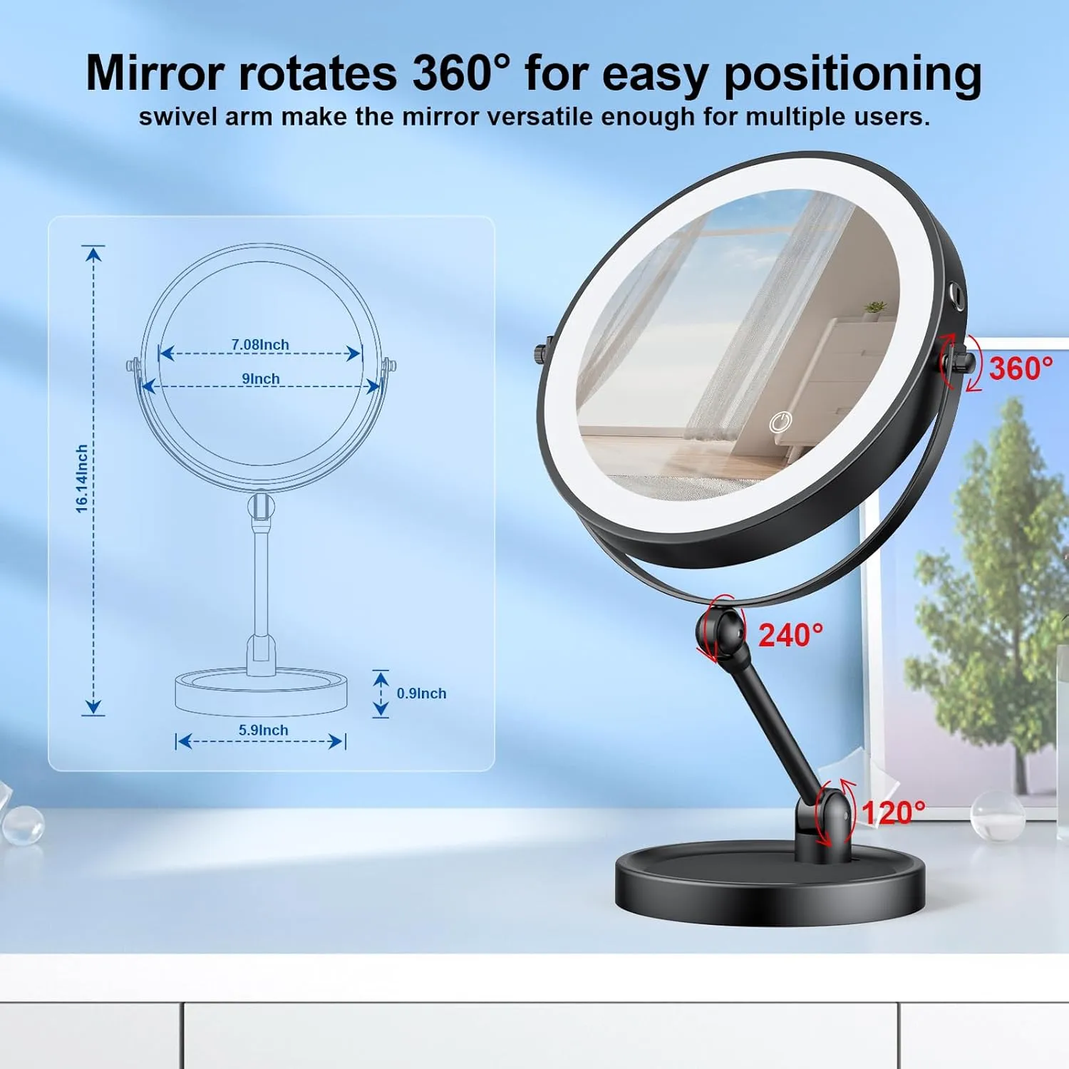 Lighted Makeup Mirror [Brightness Enhanced Version], Real 3000mah Rechargeable Double Sided 10x Magnifying Mirror with 3 Colors Tabletop Standing Vanity Mirror with Adjustable Height,Black
