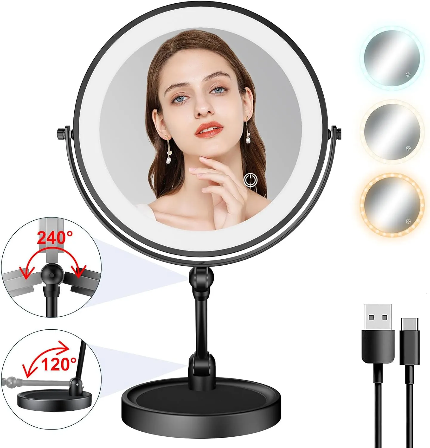 Lighted Makeup Mirror [Brightness Enhanced Version], Real 3000mah Rechargeable Double Sided 10x Magnifying Mirror with 3 Colors Tabletop Standing Vanity Mirror with Adjustable Height,Black
