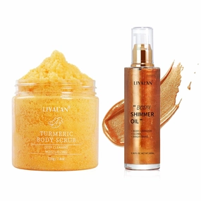 Liyalan Turmeric Body Scrub Moisturizing and Exfoliating&Liyalan Shimmer Body Oil Face Glow Pearl Highlighter Body Makeup Shine Glitter