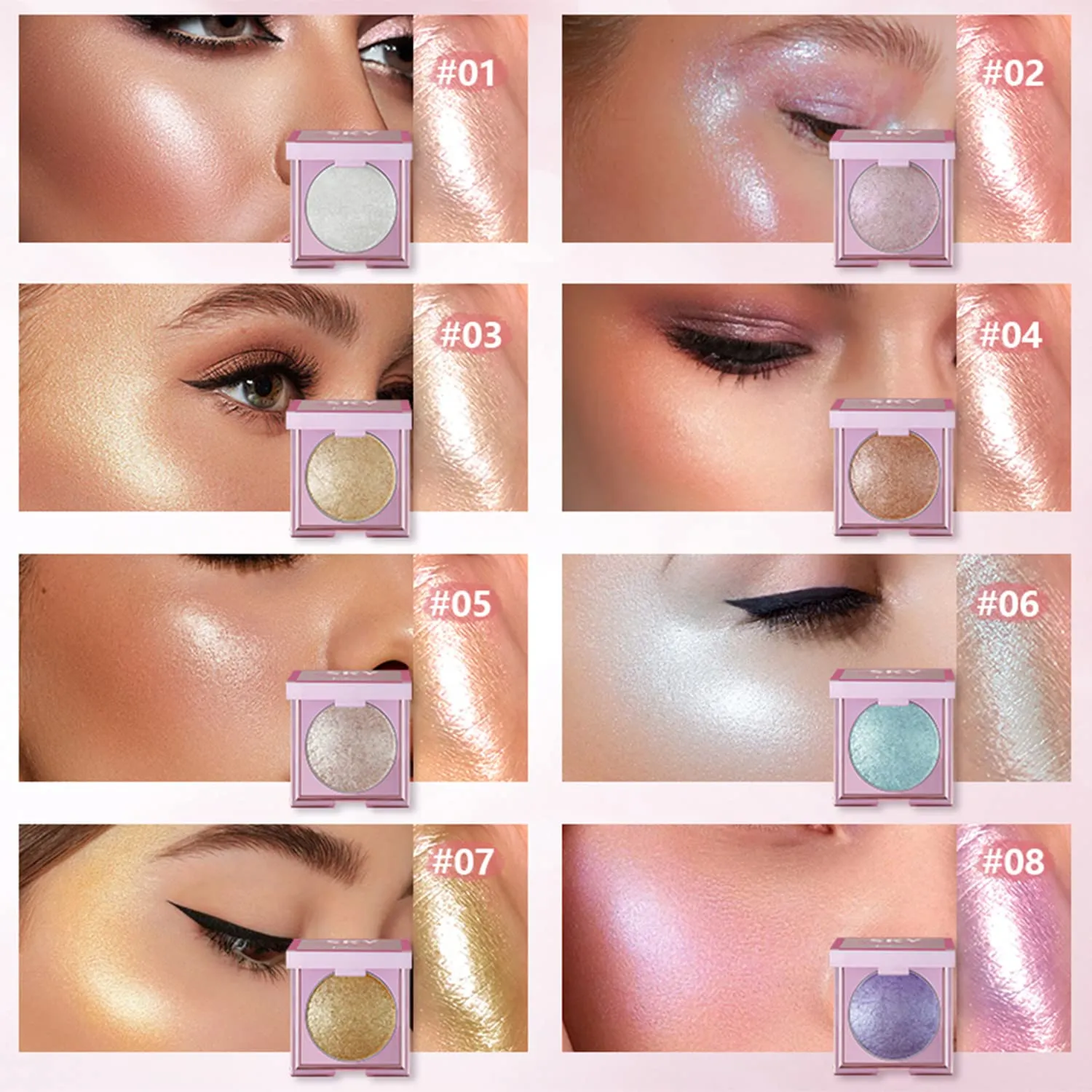 MAEPEOR Face Highlighter Palette 8 Colors Shimmer Glitter Pearl Highlighter Powder Sparkly Diamond Highlighting Palette for Face Cheek (08 Purple)