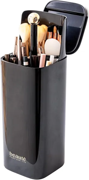 Makeup Brush Holder Organizer, One Touch for Open, Dustproof Make Up Organizer with Lid for Vanity Bathroom Countertop,Black