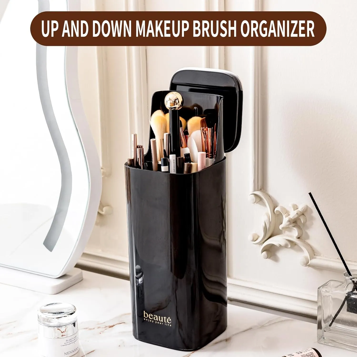 Makeup Brush Holder Organizer, One Touch for Open, Dustproof Make Up Organizer with Lid for Vanity Bathroom Countertop,Black