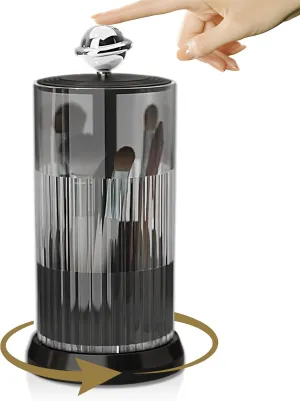Makeup Brush Holder with Lid,One Touch Open 4 Slot Makeup Brush Case with Waterproof Dustproof, 360 Rotating Makeup Organizer for Vanity Desktop Counterto Bathroom (Black)