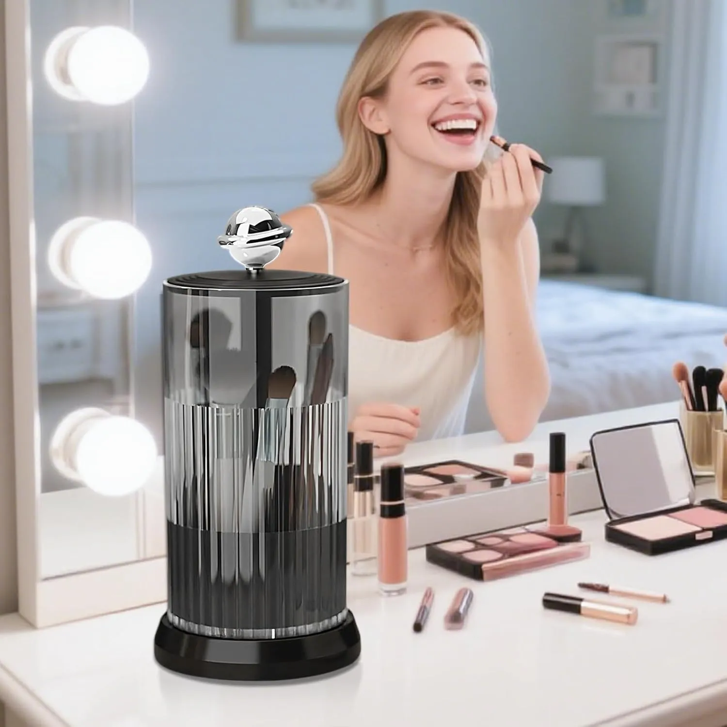 Makeup Brush Holder with Lid,One Touch Open 4 Slot Makeup Brush Case with Waterproof Dustproof, 360 Rotating Makeup Organizer for Vanity Desktop Counterto Bathroom (Black)