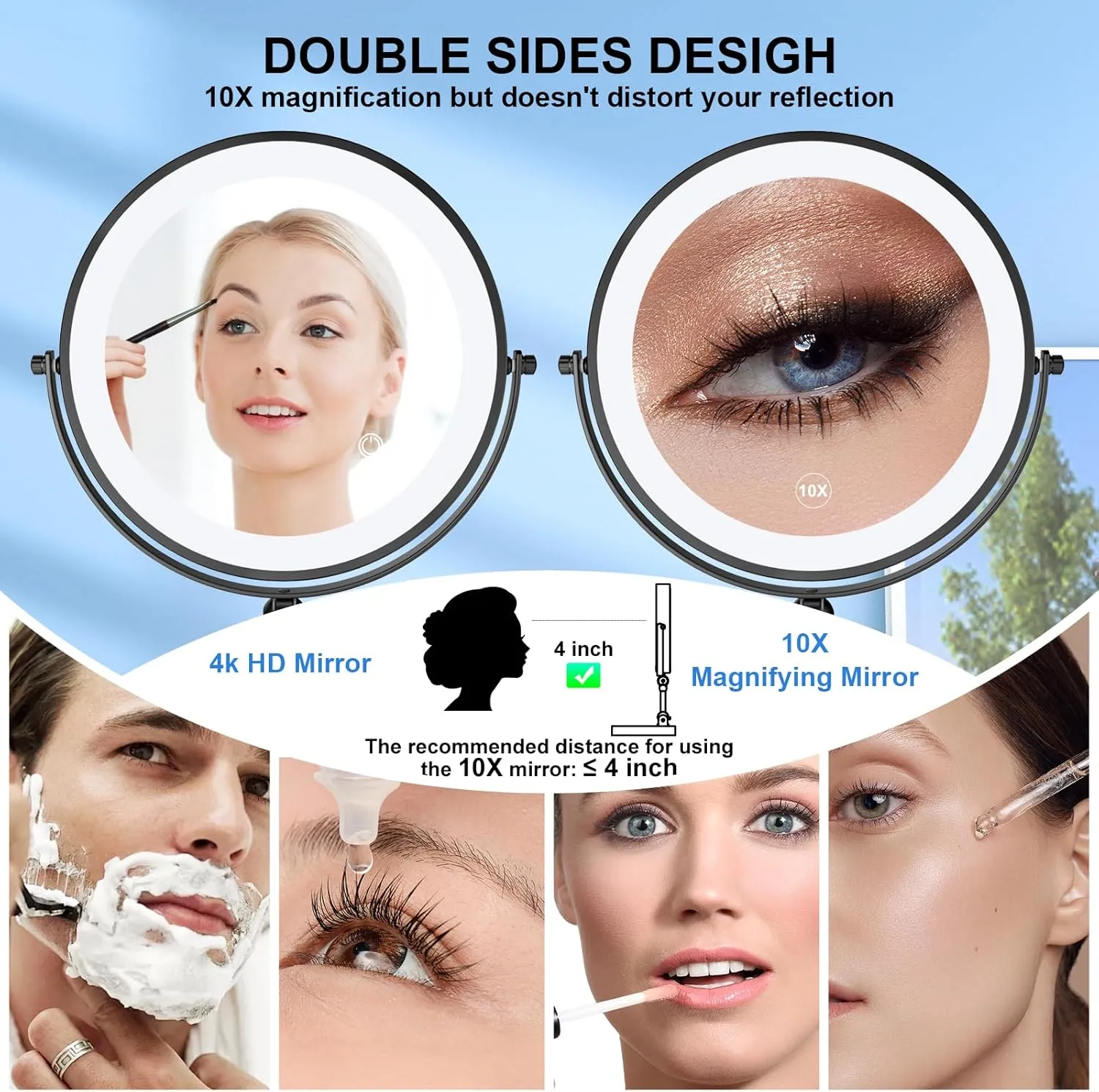 Makeup Mirror with Lights[Brightness Enhanced Version], Real 2000mah Rechargeable Double Sided 10x Magnifying Mirror with 3 Colors Table Vanity Mirror with Adjustable Height and Stand,Black