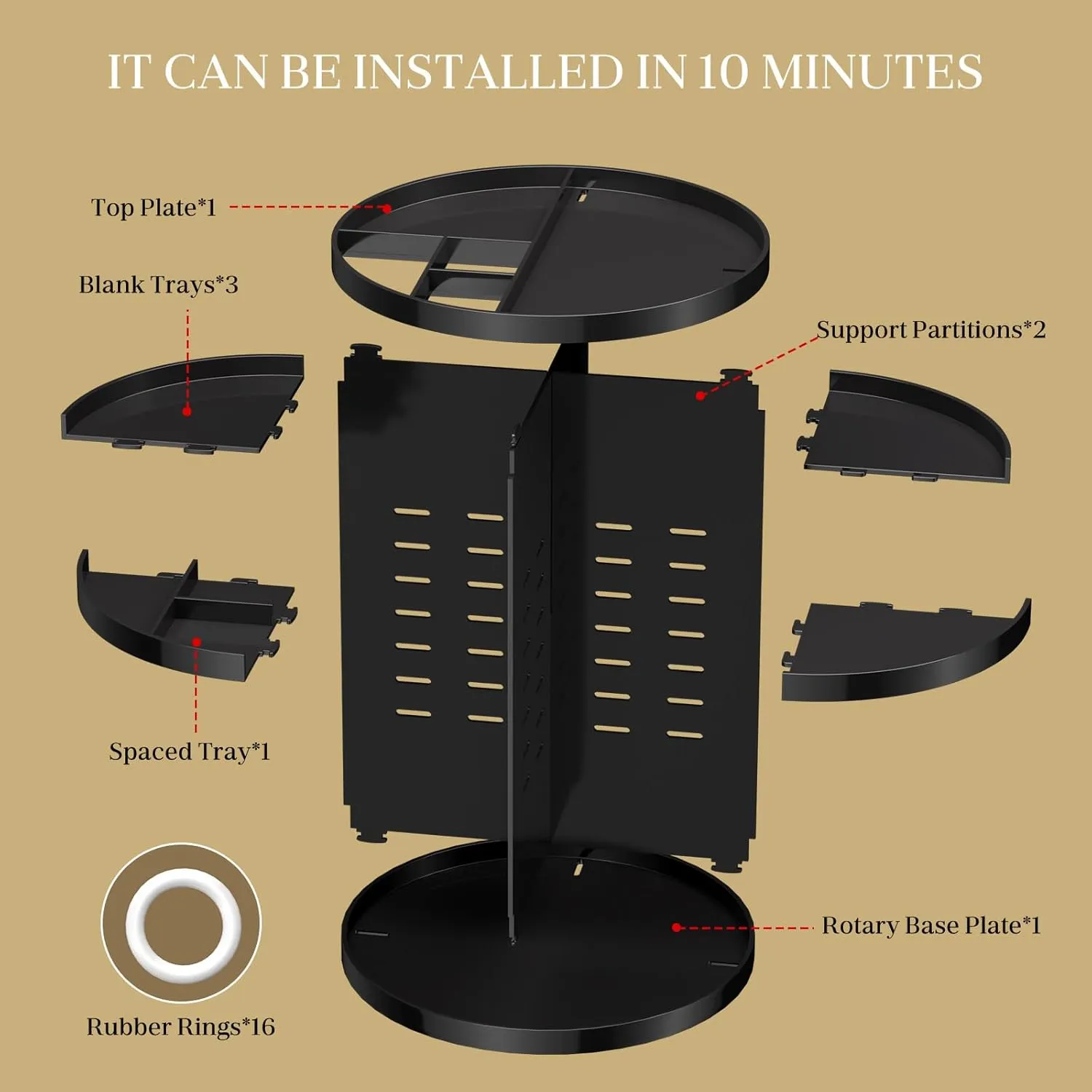 Makeup Organizer 360 rotating, Adjustable Skincare Organizers with Brush Holder, Cosmetics Display Cases for Vanity Bathroom Countertop Large Capacity Carousel Make up Caddy Shelf (Black)
