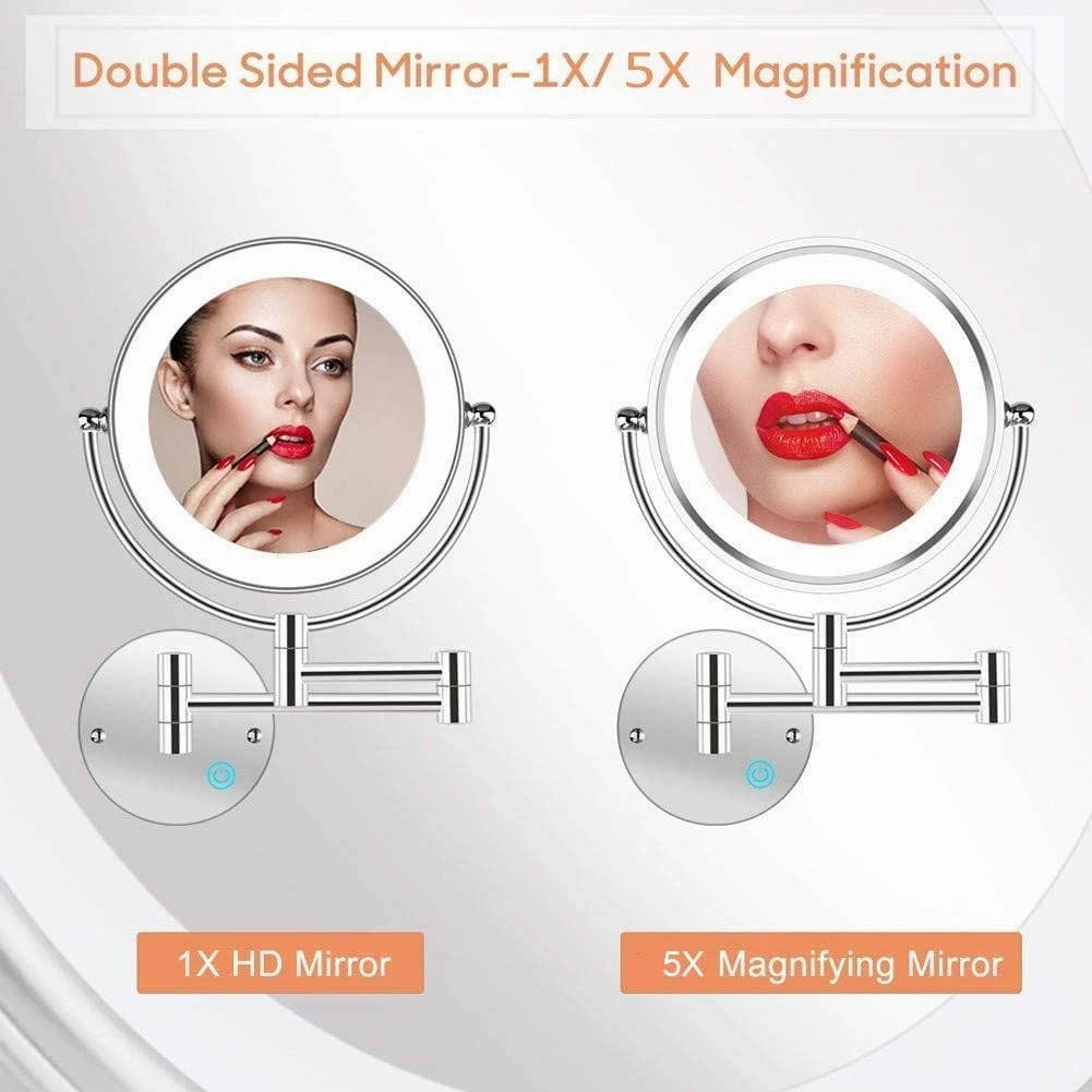 Makeup Mirror 8" Wall Mounted Makeup Mirror with Lights LED 5X Wall Makeup Vanity Mirror Double Sided, Touch Button and Adjustable Light, Shaving Makeup in Bedroom or Bathroom USB RechargeBlack(Black)