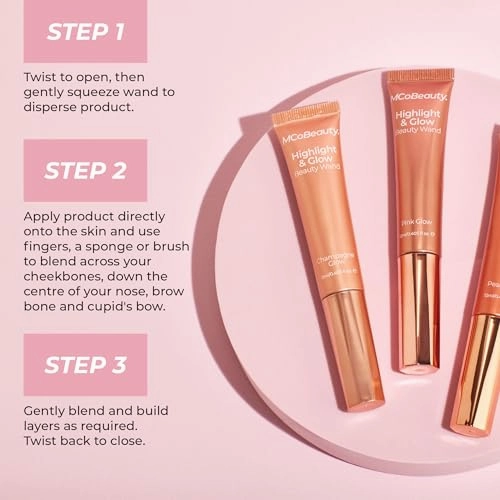 MCoBeauty Highlight & Glow Beauty Wand, Pink Glow, Luminous Highlight for Radiance Skin, Vegan, Cruelty Free Cosmetics