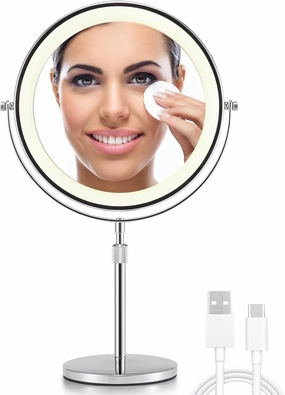 OMIRO 8.5 Inches Lighted Mirror with 3X/10X Magnifications, Double Sided Swivel Vanity Makeup Mirror with Height-Adjustable Stand (Silver)
