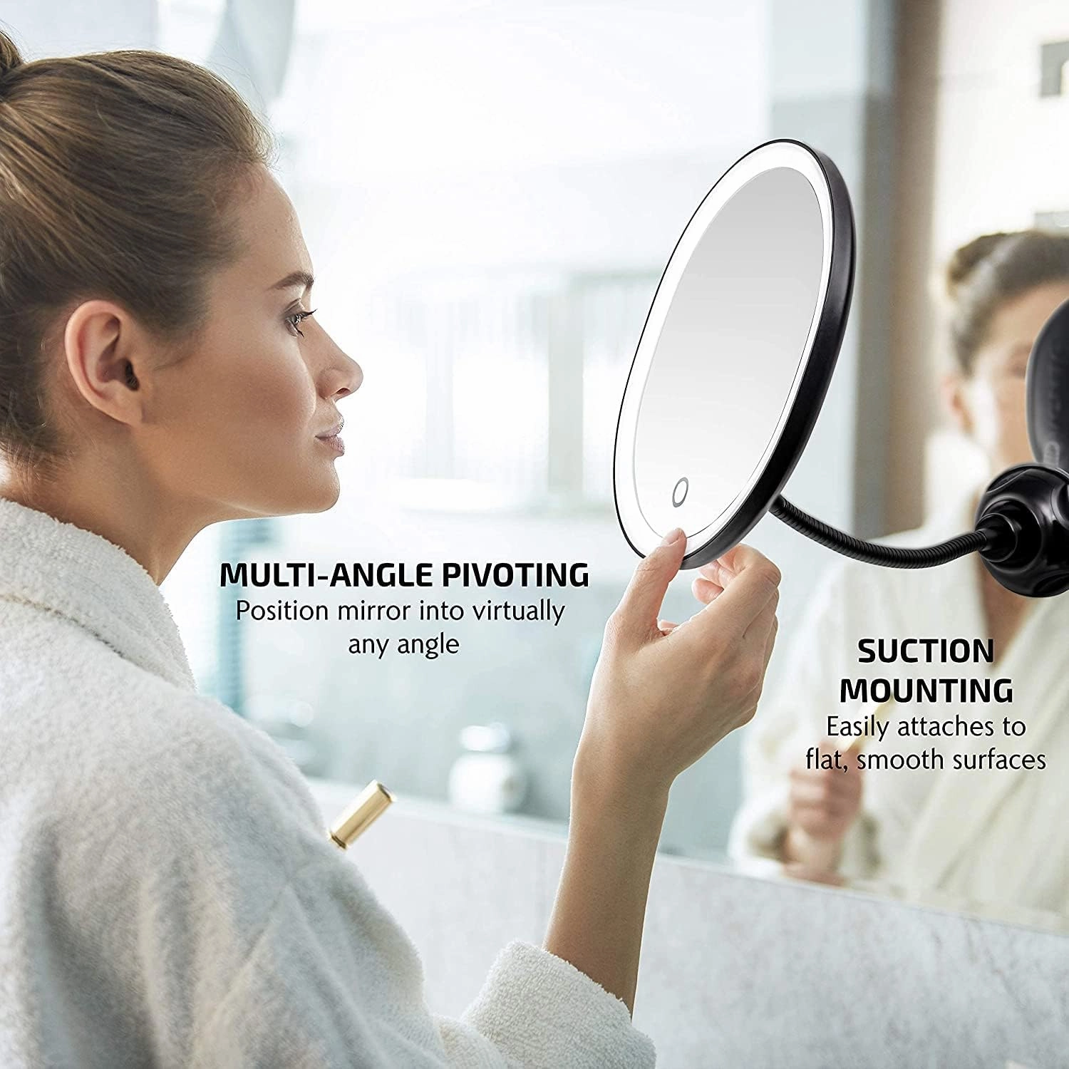 OVENTE 9'' Rechargeable Lighted Wall Mount Makeup Mirror for Bathroom with Mini Magnetic 10X Magnifying Mirror, Touch Screen Dimmable LED Lights, Flexible Gooseneck and Suction Mounting, Black MOW22B