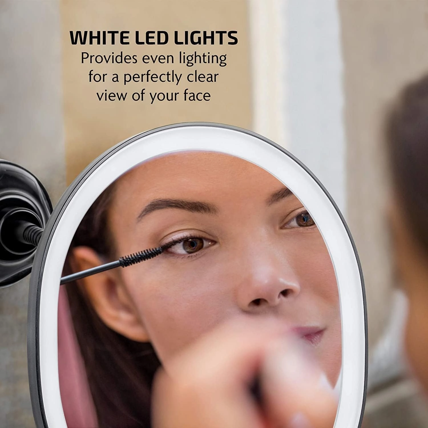 OVENTE 9'' Rechargeable Lighted Wall Mount Makeup Mirror for Bathroom with Mini Magnetic 10X Magnifying Mirror, Touch Screen Dimmable LED Lights, Flexible Gooseneck and Suction Mounting, Black MOW22B