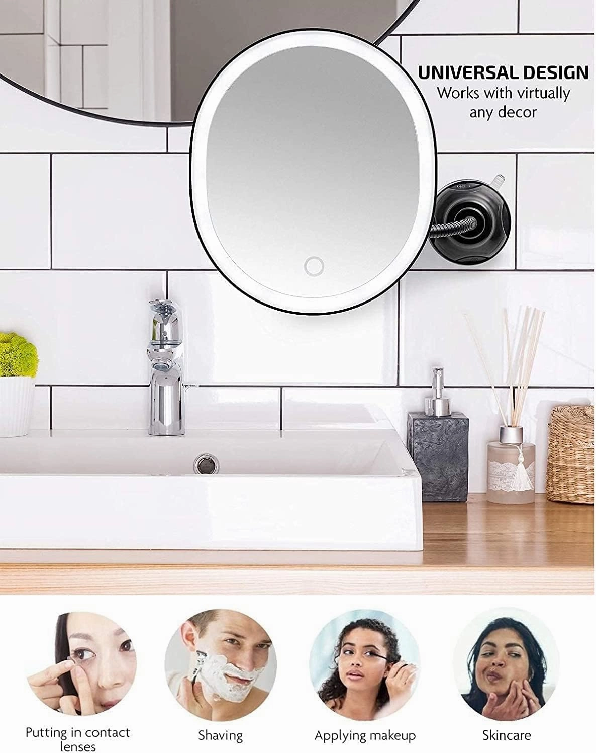 OVENTE 9'' Rechargeable Lighted Wall Mount Makeup Mirror for Bathroom with Mini Magnetic 10X Magnifying Mirror, Touch Screen Dimmable LED Lights, Flexible Gooseneck and Suction Mounting, Black MOW22B