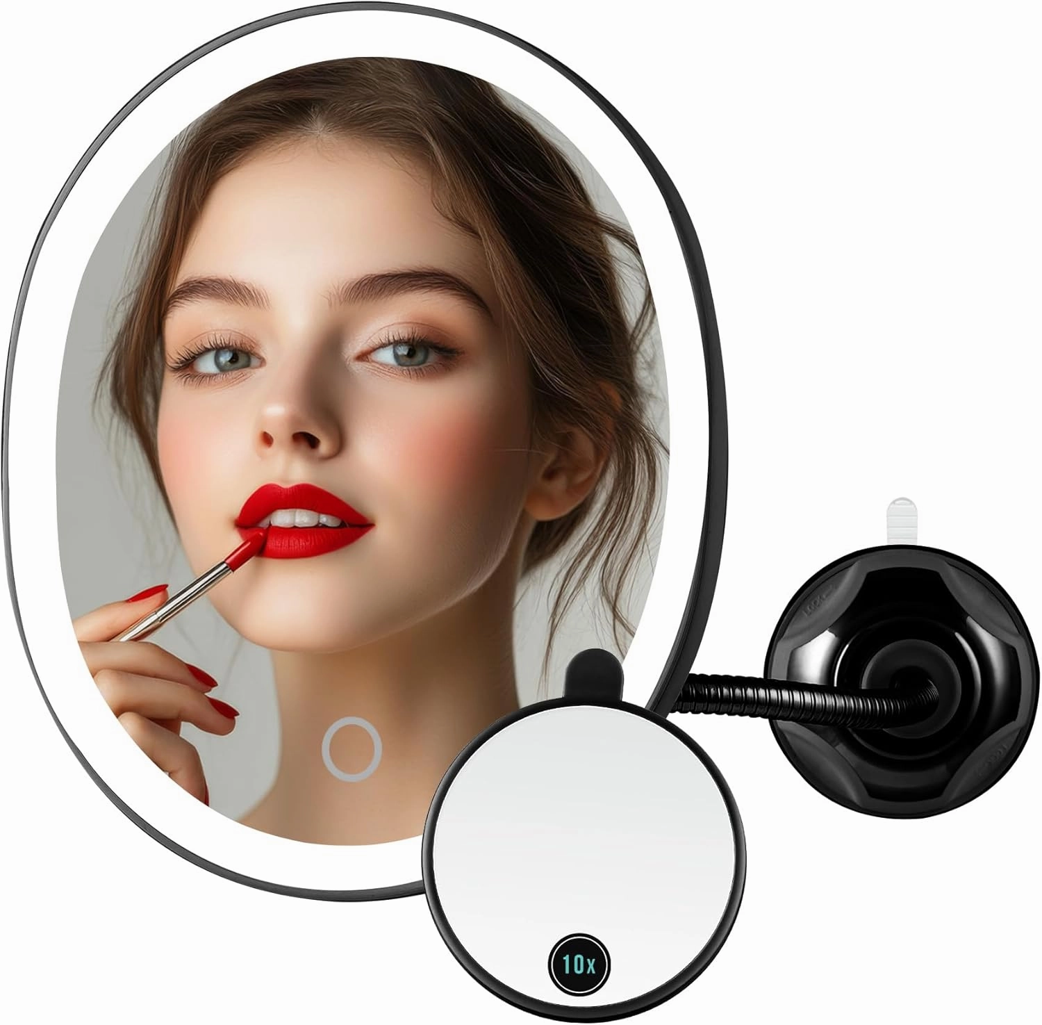 OVENTE 9'' Rechargeable Lighted Wall Mount Makeup Mirror for Bathroom with Mini Magnetic 10X Magnifying Mirror, Touch Screen Dimmable LED Lights, Flexible Gooseneck and Suction Mounting, Black MOW22B
