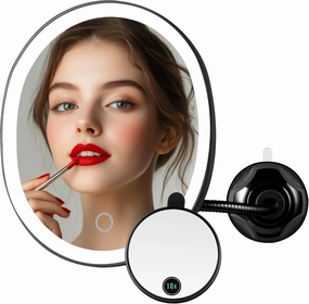 OVENTE 9'' Rechargeable Lighted Wall Mount Makeup Mirror for Bathroom with Mini Magnetic 10X Magnifying Mirror, Touch Screen Dimmable LED Lights, Flexible Gooseneck and Suction Mounting, Black MOW22B