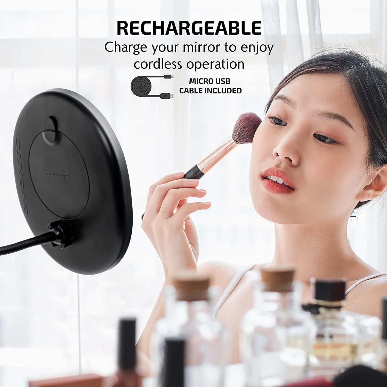 OVENTE 9'' Rechargeable Lighted Wall Mount Makeup Mirror for Bathroom with Mini Magnetic 10X Magnifying Mirror, Touch Screen Dimmable LED Lights, Flexible Gooseneck and Suction Mounting, Black MOW22B