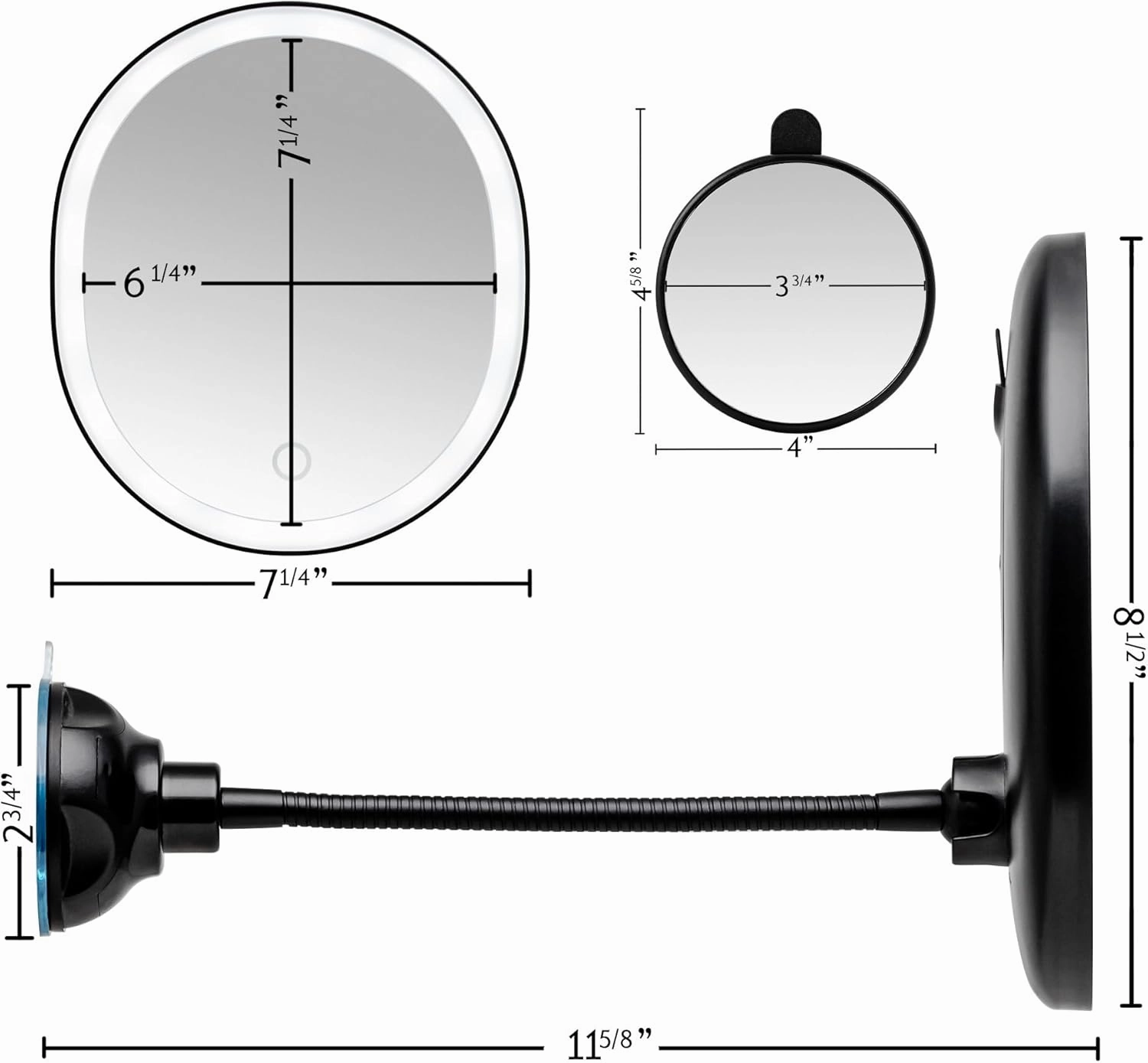 OVENTE 9'' Rechargeable Lighted Wall Mount Makeup Mirror for Bathroom with Mini Magnetic 10X Magnifying Mirror, Touch Screen Dimmable LED Lights, Flexible Gooseneck and Suction Mounting, Black MOW22B