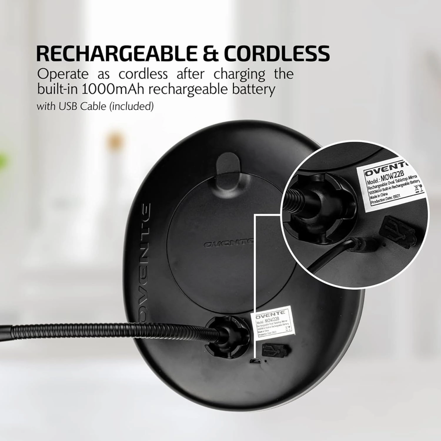 OVENTE 9'' Rechargeable Lighted Wall Mount Makeup Mirror for Bathroom with Mini Magnetic 10X Magnifying Mirror, Touch Screen Dimmable LED Lights, Flexible Gooseneck and Suction Mounting, Black MOW22B