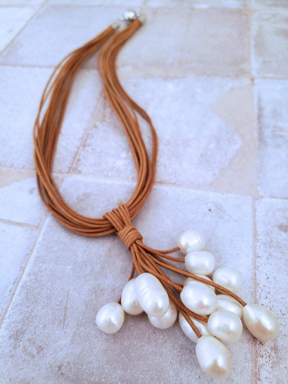 Pearl Cluster Necklace - Tan Leather