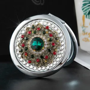 Pocket Mirror for Women 1x/2x Vintage Compact Mirror for Purses Hand Made Small Round Mirror Mini Mirror Women Travel Makeup Mirror (Green Stone)
