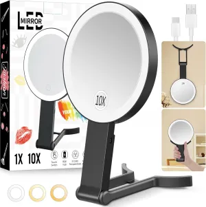 Travel Makeup Mirror with Lights, Lightened 10X/1X Double Sided Magnifying Mirror with 3 Colors, Brightness Adjustable Portable LED Mirror Gifts for Her Women Girls (Black)