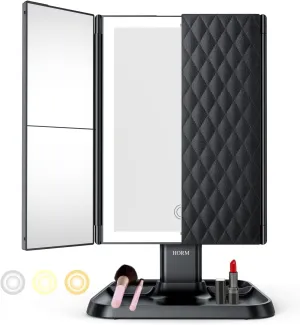 Trifold Makeup Vanity Mirror with Lights - 3 Color Lighting Modes 72 LED, Touch Control Design, 1x/2x/3x Magnification, Portable High Definition Cosmetic Lighted Up Mirror (Black)