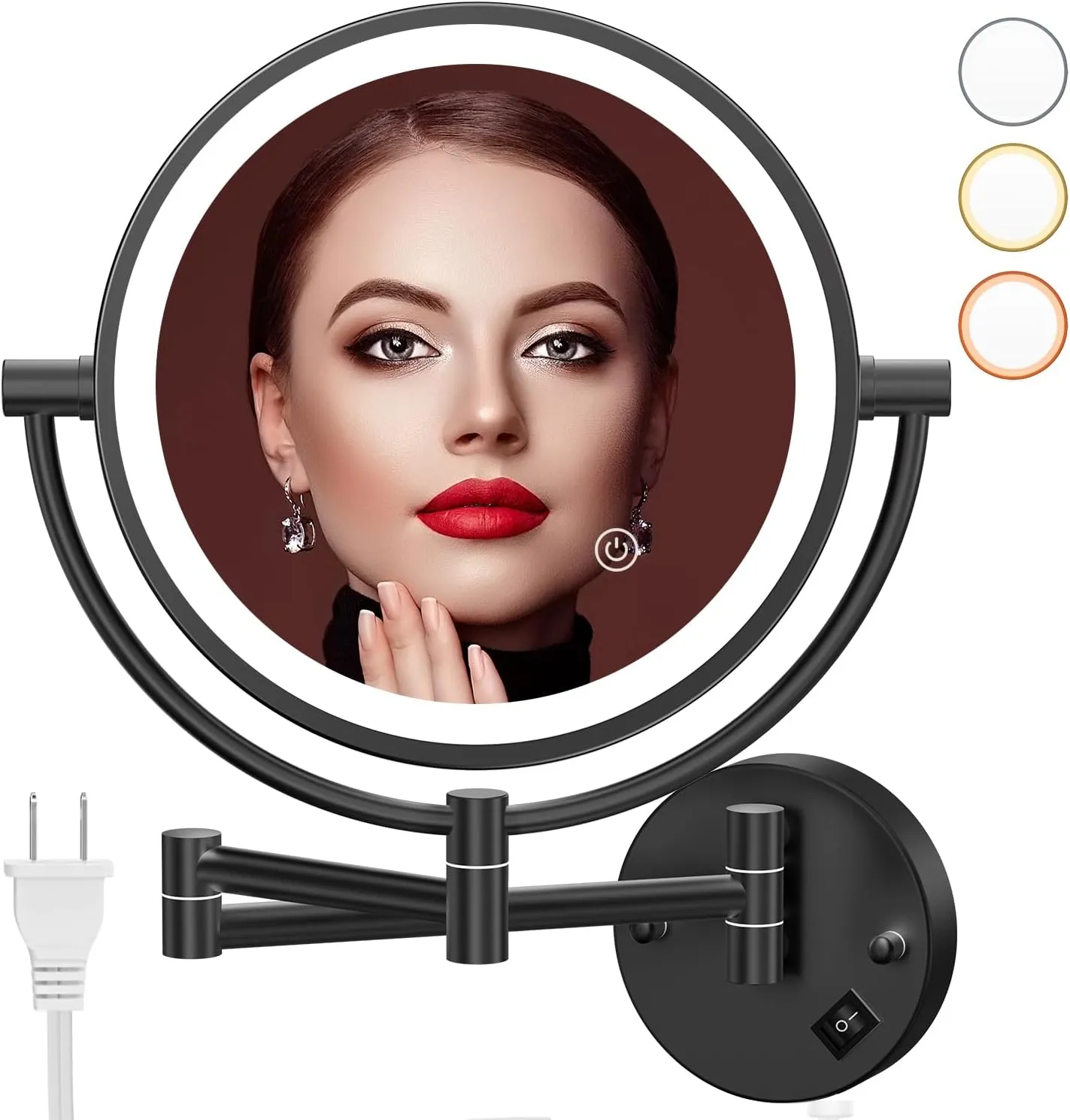 Wall Mounted Lighted Makeup Mirror, 8" Double Sided 1X/10X Magnifying Vanity Mirror, 3 Color Lights, Touch Dimmable Bathroom Cosmetic Mirror with 360 Swivel Extendable Arm, Plug-in, Black