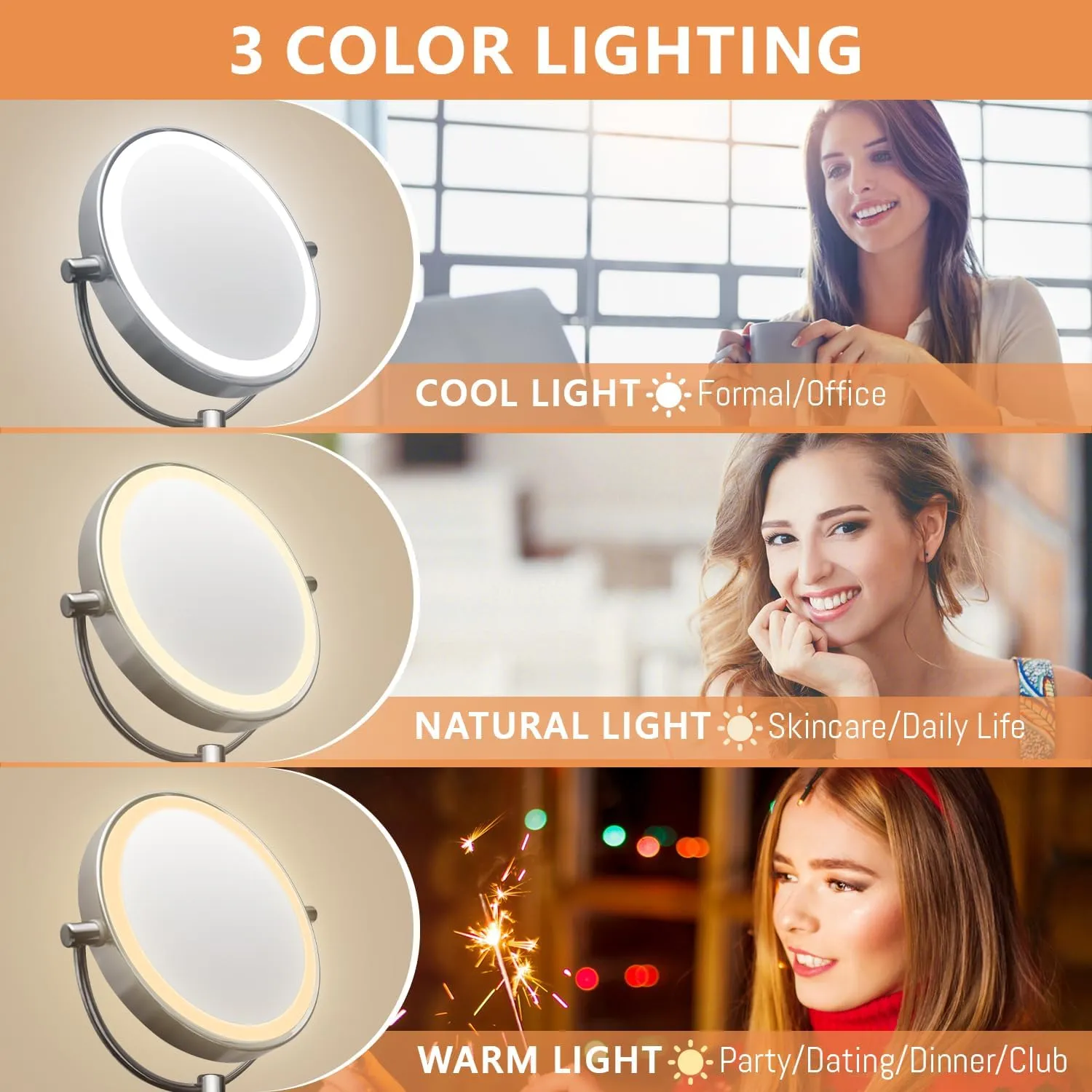 Wall Mounted Lighted Makeup Mirror, 8" Double Sided 1X/10X Magnifying Vanity Mirror, 3 Color Lights, Touch Dimmable Bathroom Cosmetic Mirror with 360 Swivel Extendable Arm, Plug-in, Black