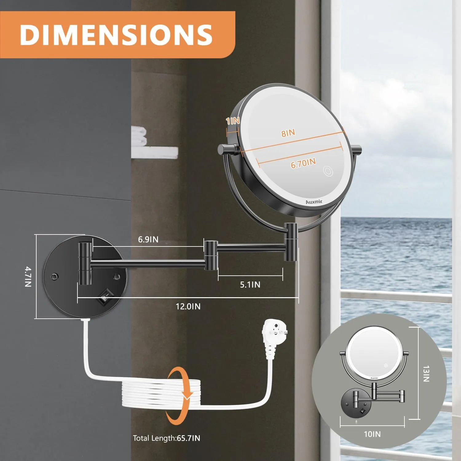 Wall Mounted Lighted Makeup Mirror, 8" Double Sided 1X/10X Magnifying Vanity Mirror, 3 Color Lights, Touch Dimmable Bathroom Cosmetic Mirror with 360 Swivel Extendable Arm, Plug-in, Black