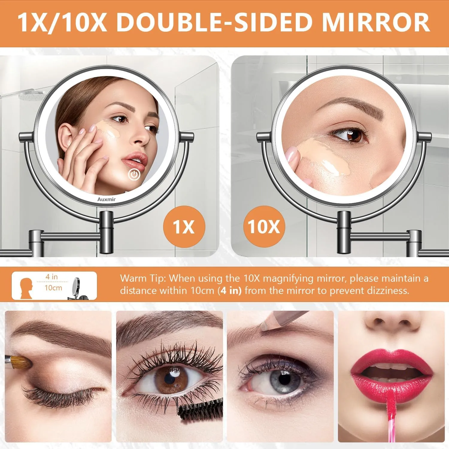 Wall Mounted Lighted Makeup Mirror, 8" Double Sided 1X/10X Magnifying Vanity Mirror, 3 Color Lights, Touch Dimmable Bathroom Cosmetic Mirror with 360 Swivel Extendable Arm, Plug-in, Black