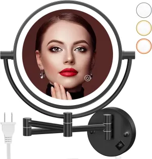 Wall Mounted Lighted Makeup Mirror, 8" Double Sided 1X/10X Magnifying Vanity Mirror, 3 Color Lights, Touch Dimmable Bathroom Cosmetic Mirror with 360 Swivel Extendable Arm, Plug-in, Black