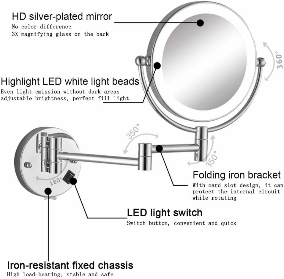 Wall Mounted Makeup Mirror, Double Sided Magnifying LED Mirror, Bathroom Mirror, 360°Swivel and Extendable, Shaving Mirror with Plug-in/Wiring/Black/Wiring