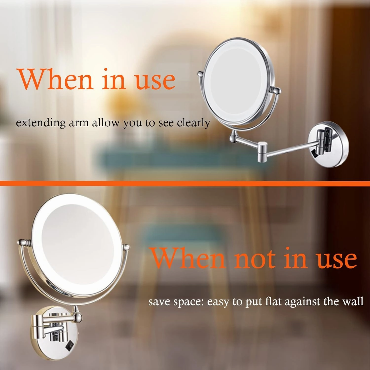 Wall Mounted Makeup Mirror with LED Lights 8 Inch, Wall Mounted Makeup Mirror with 10X Magnification, Double-Sided 360°Rotatable Extendable Makeup Mirror for Bathroom (Brushed Nickel)