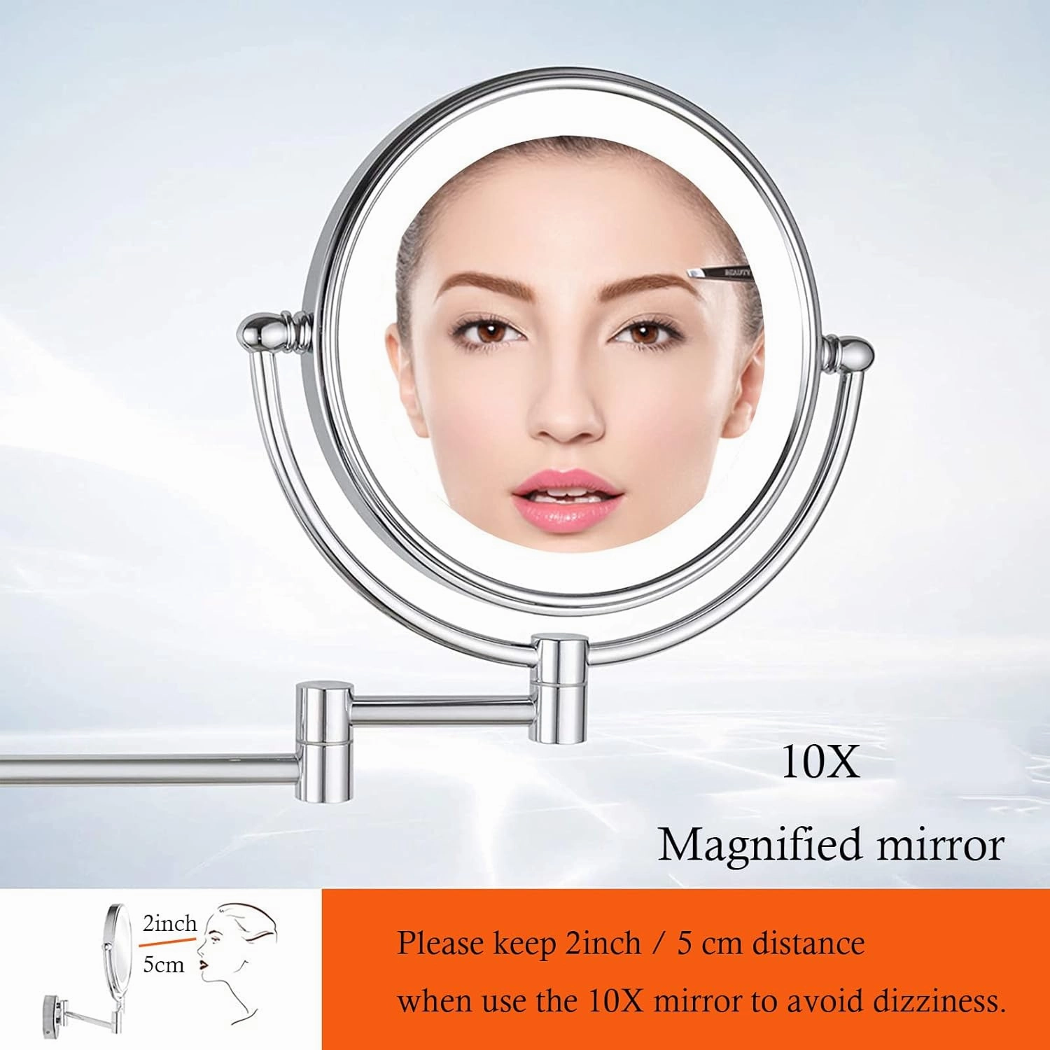 Wall Mounted Makeup Mirror with LED Lights 8 Inch, Wall Mounted Makeup Mirror with 10X Magnification, Double-Sided 360°Rotatable Extendable Makeup Mirror for Bathroom (Brushed Nickel)