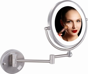 Wall Mounted Makeup Mirror with LED Lights 8 Inch, Wall Mounted Makeup Mirror with 10X Magnification, Double-Sided 360°Rotatable Extendable Makeup Mirror for Bathroom (Brushed Nickel)