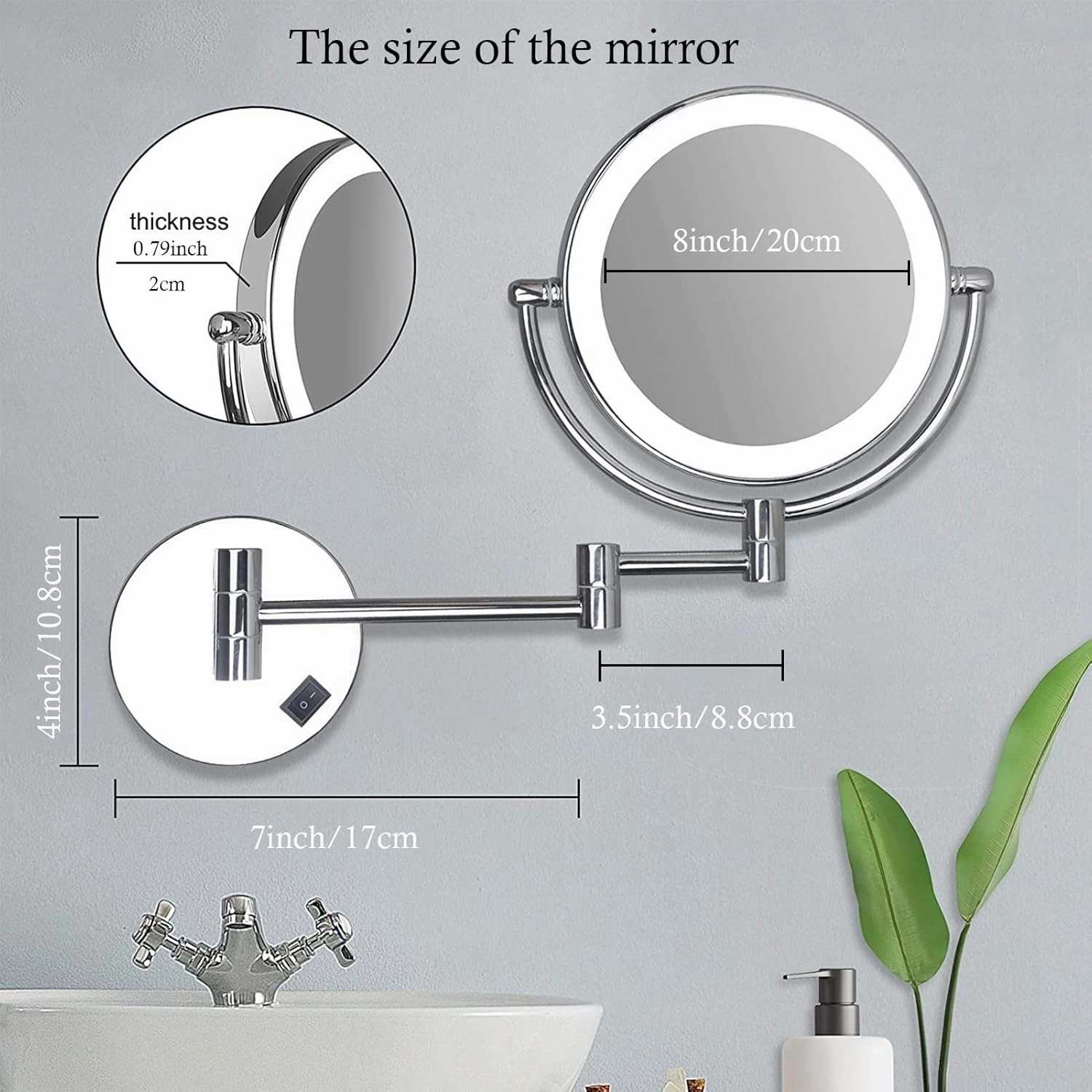 Wall Mounted Makeup Mirror with LED Lights 8 Inch, Wall Mounted Makeup Mirror with 10X Magnification, Double-Sided 360°Rotatable Extendable Makeup Mirror for Bathroom (Brushed Nickel)