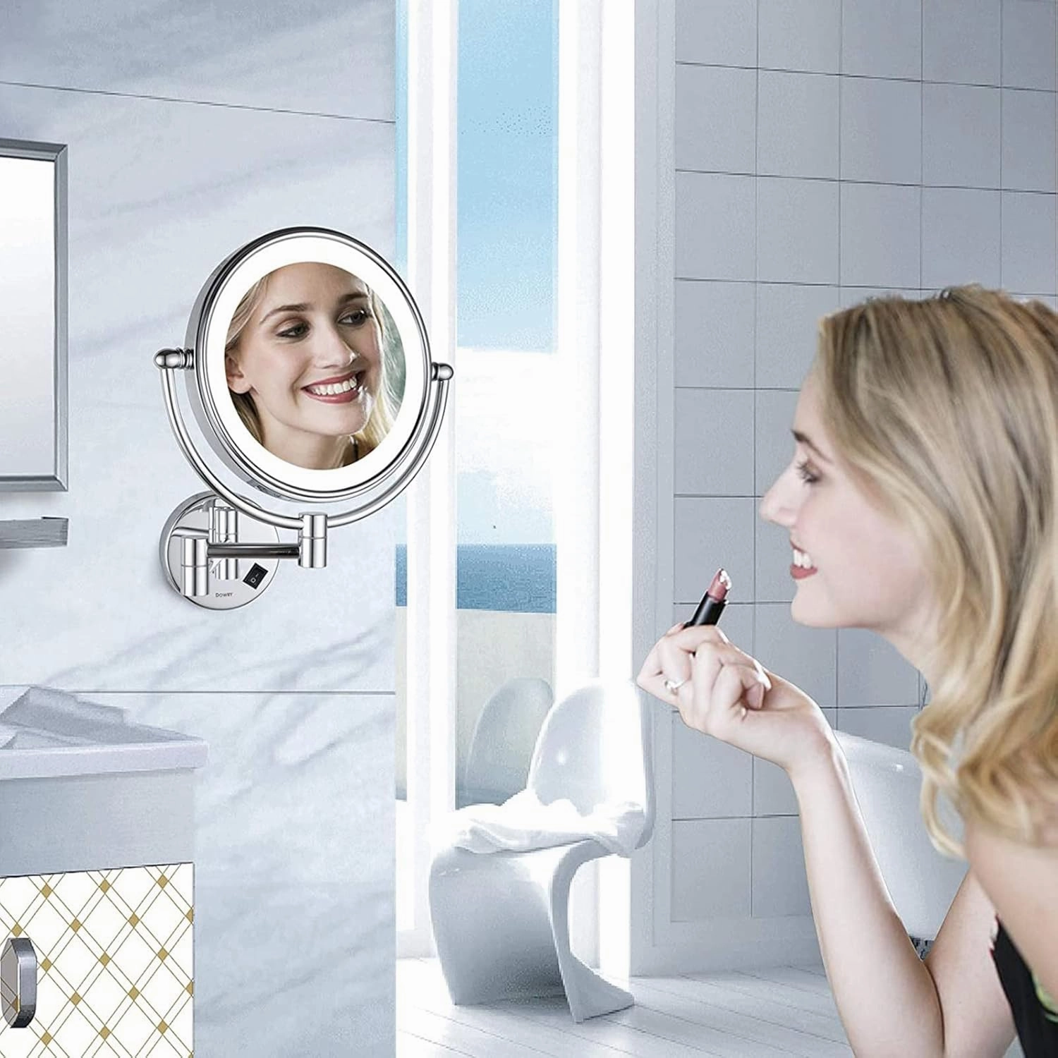 Wall Mounted Makeup Mirror with LED Lights 8 Inch, Wall Mounted Makeup Mirror with 10X Magnification, Double-Sided 360°Rotatable Extendable Makeup Mirror for Bathroom (Brushed Nickel)