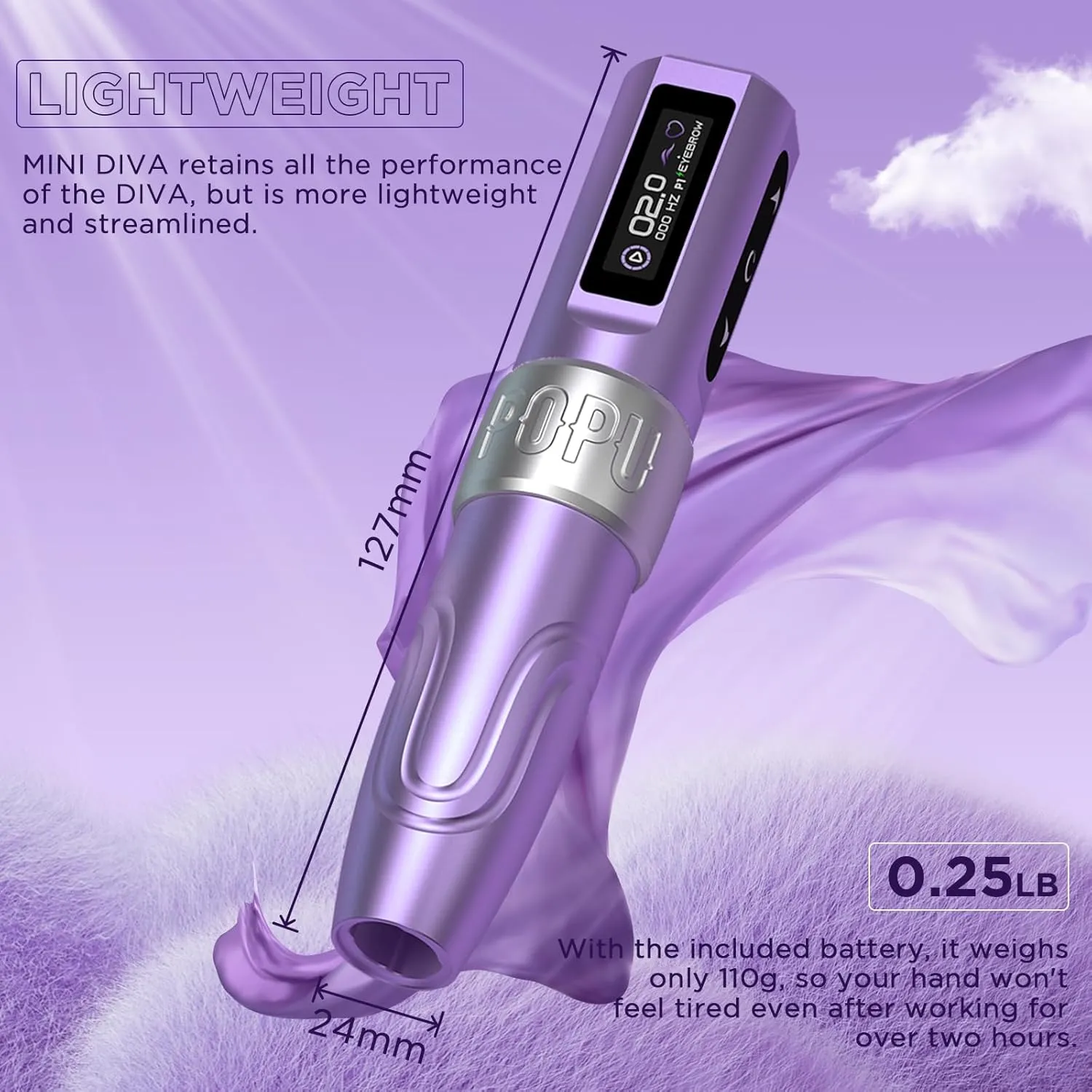 Wireless Tattoo Gun 3.0mm Stroke Rotary Tattoo Pen Coreless Motor with Extra 800mAh OLED Screen Multifunction for Professional Nano Hairstrokes Smp Tattoo Beginner Artist Purple (MINIDIVA)