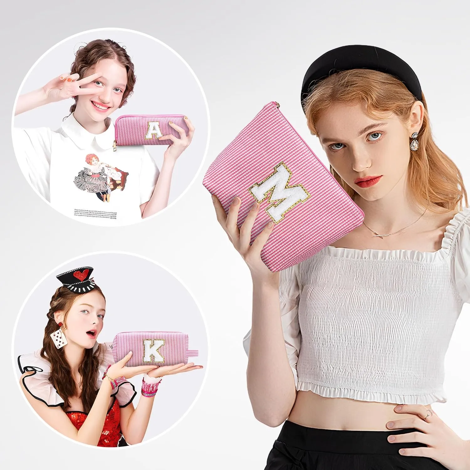 YOOLIFE Birthday Gifts - Personalized Initial Cute Pink Cosmetic Makeup Bag Make Up Bag Travel Toiletry Bag for Her Mom Girlfriend Wife Teacher Skincare for Girls 10-12 A Teenage Girl Gifts